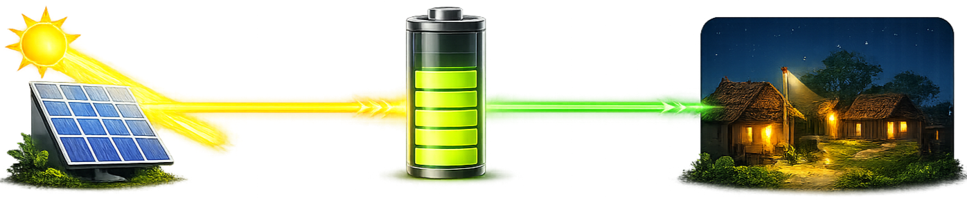 Solar energy flow: panels to battery to homes